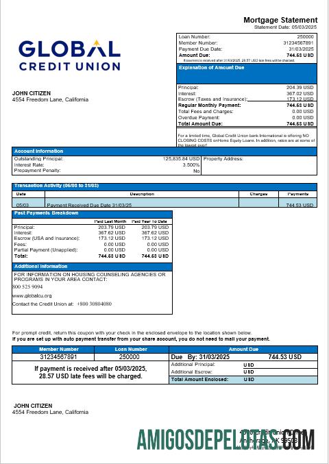 Declaração de hipoteca do banco global da cooperativa de crédito dos EUA, Alasca, em formatos Word e PDF exemplo real